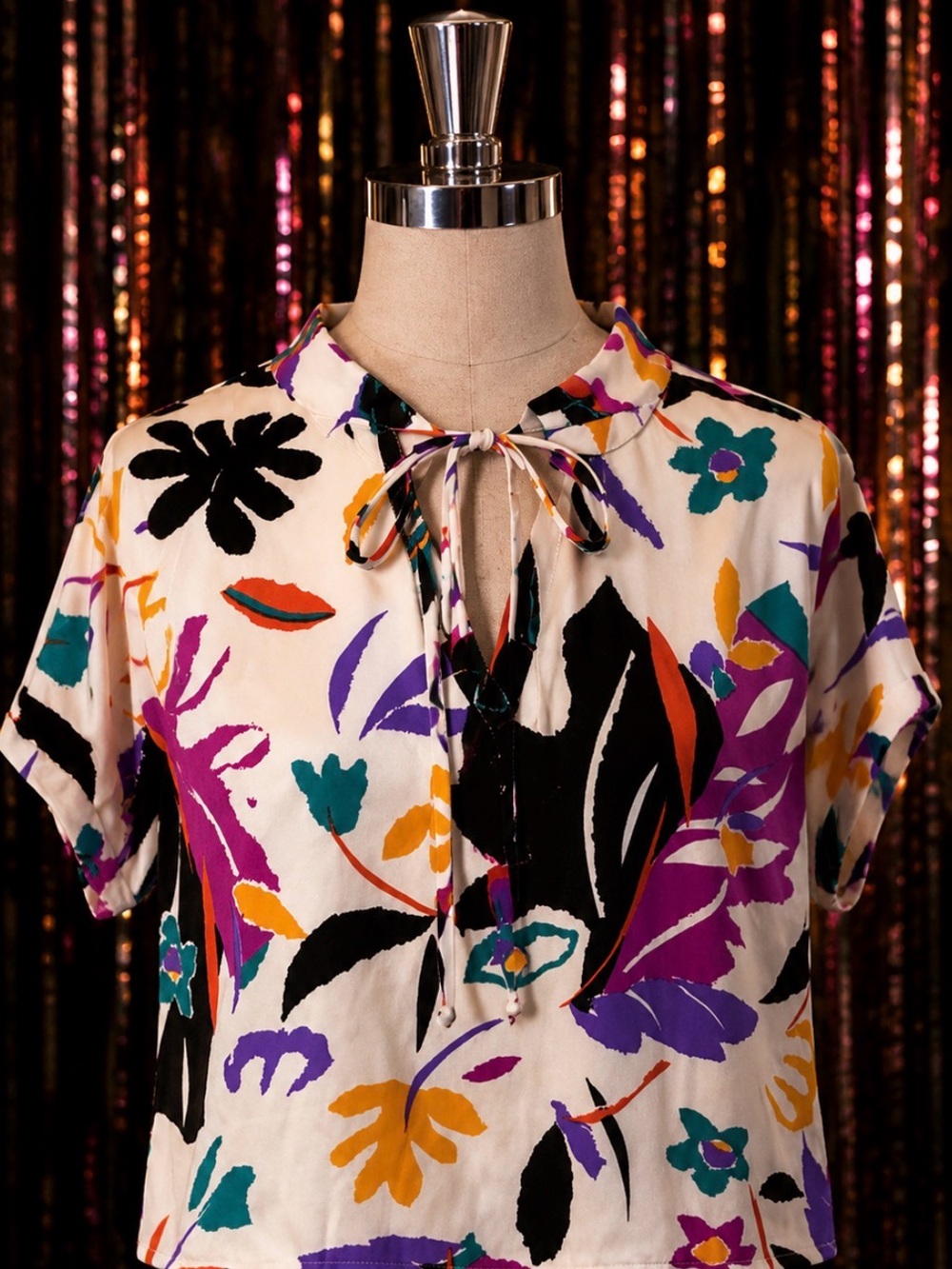 Vintage 70s - Rhoda Lee - Floral Tie- Short Sleeve- disco top